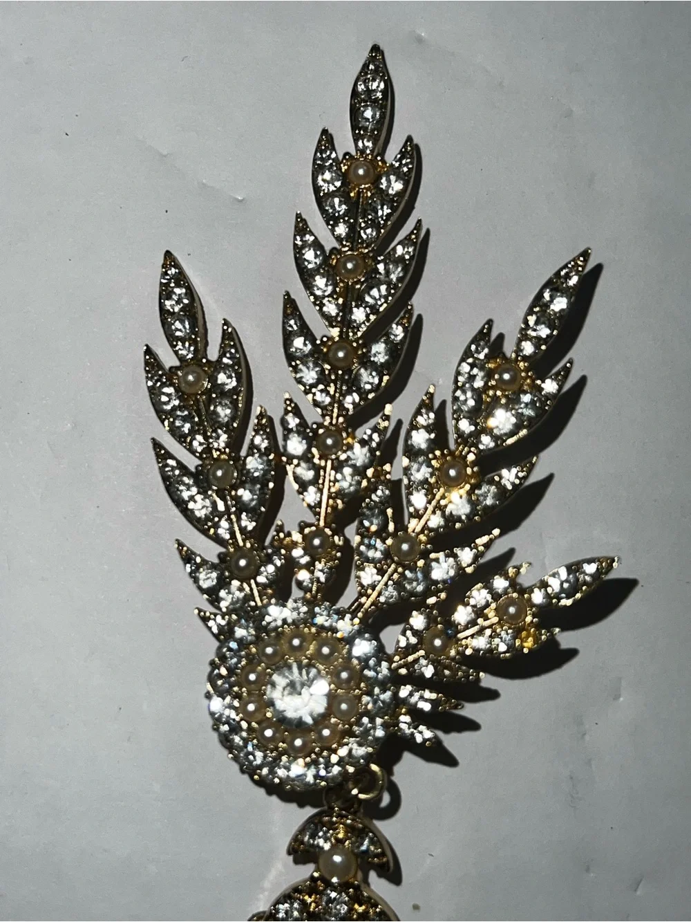 Gold-Tone Pearl & Crystal Feather Statement Brooch